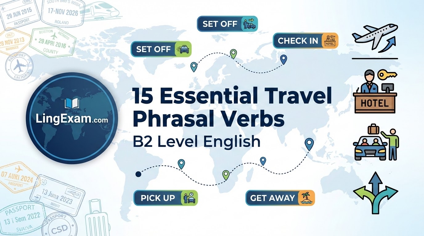 Are you planning your next adventure abroad? Whether you're booking flights, checking into hotels, or coordinating airport pickups, mastering travel phrasal verbs is essential for communicating naturally in English. In this comprehensive B2-level tutorial, you'll discover 15 crucial phrasal verbs that native speakers use constantly when discussing travel and transport. From "taking off" on flights to "setting out" on road trips, these expressions will transform your English from textbook formal to confidently fluent. Our detailed guide includes clear explanations, real-world examples, grammar notes on separable versus inseparable structures, and eight interactive exercises with complete answers. Perfect for IELTS and TOEFL candidates, ESL students, or anyone wanting to sound more natural when traveling. Learn how to "check in" at hotels, "pick up" friends at the airport, "get back" from holidays, and much more. Each phrasal verb comes with multiple example sentences, usage tips, and common preposition patterns to help you avoid mistakes. Ready to speak English like a native traveler? Dive into our complete tutorial and start practicing today! - LingExam Language Academy - LingExam.com